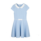 Everanne Girls Piqué Short Sleeve Dress V-Neck Peter Pan Collar Bow