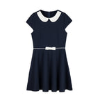 Everanne Girls Piqué Short Sleeve Dress V-Neck Peter Pan Collar Bow Blue