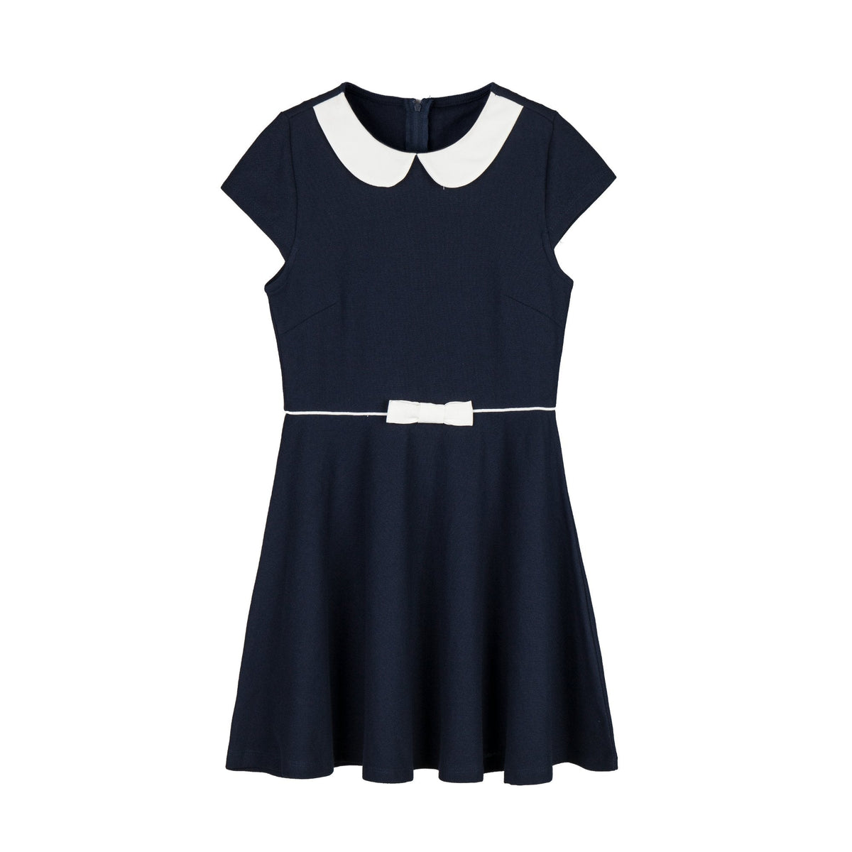 Everanne Girls Piqué Short Sleeve Dress V-Neck Peter Pan Collar Bow Blue