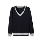 Everanne unisex black V-neck pullover sweater featuring contrast stripe trim on the collar and cuffs.
