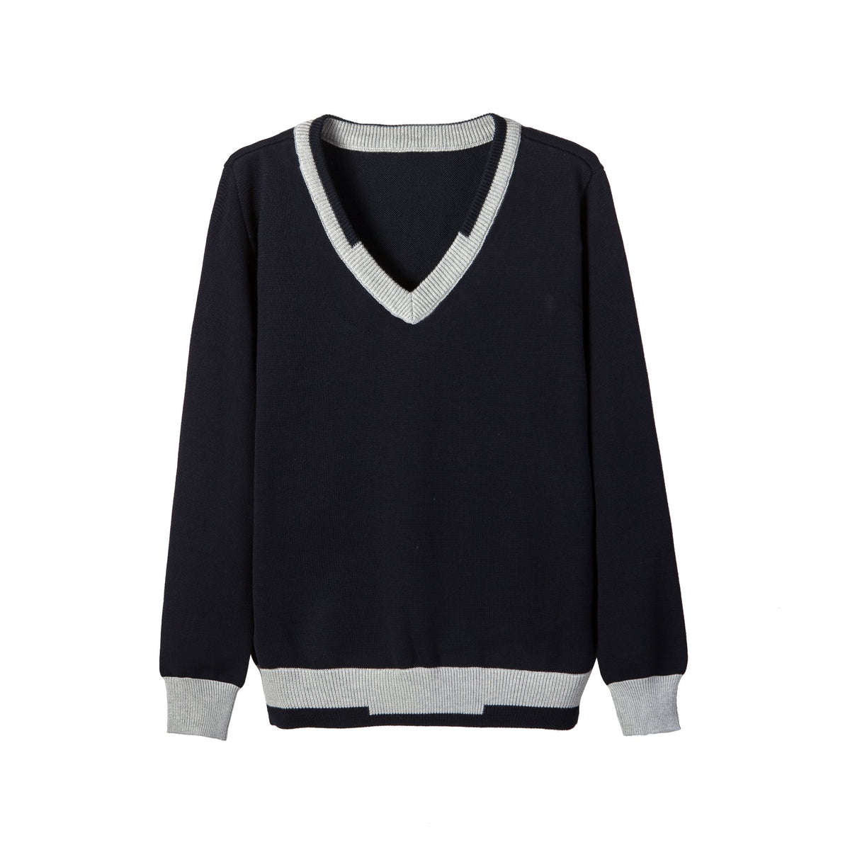 Everanne unisex black V-neck pullover sweater featuring contrast stripe trim on the collar and cuffs.
