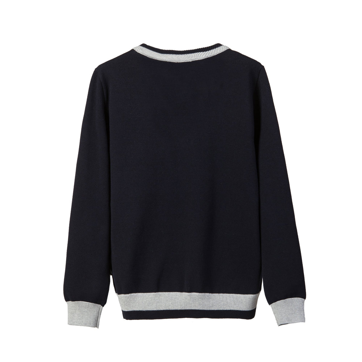 Back view of Everanne unisex black V-neck sweater showing the relaxed fit and ribbed hem.