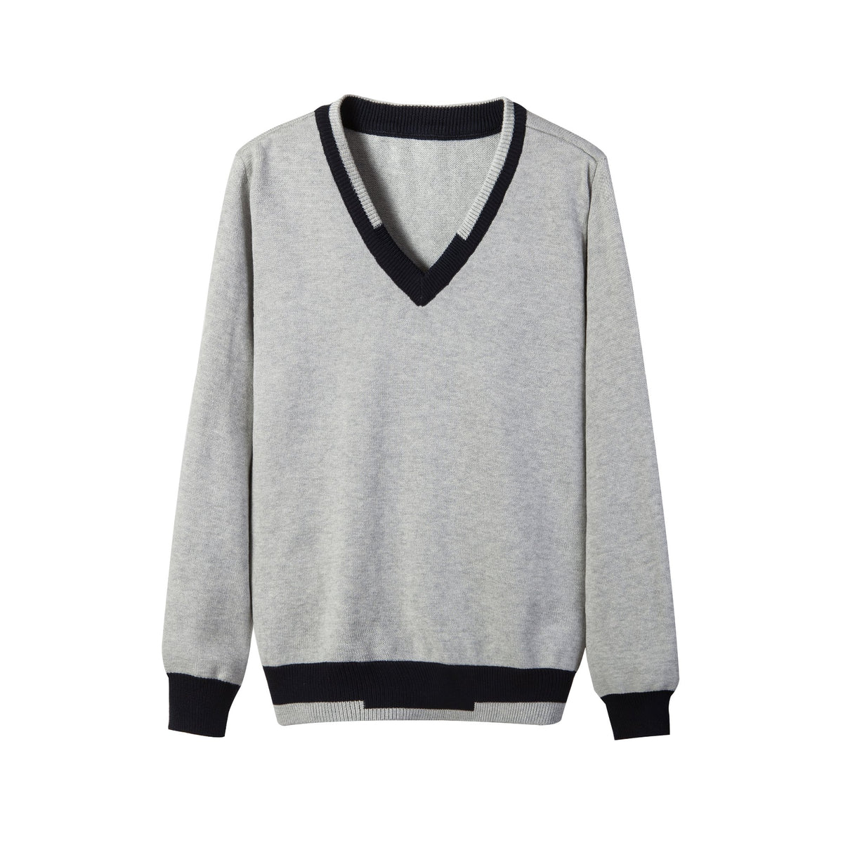 Unisex V-neck pullover sweater in soft cotton with contrast stripe trim and windproof ribbed cuffs.