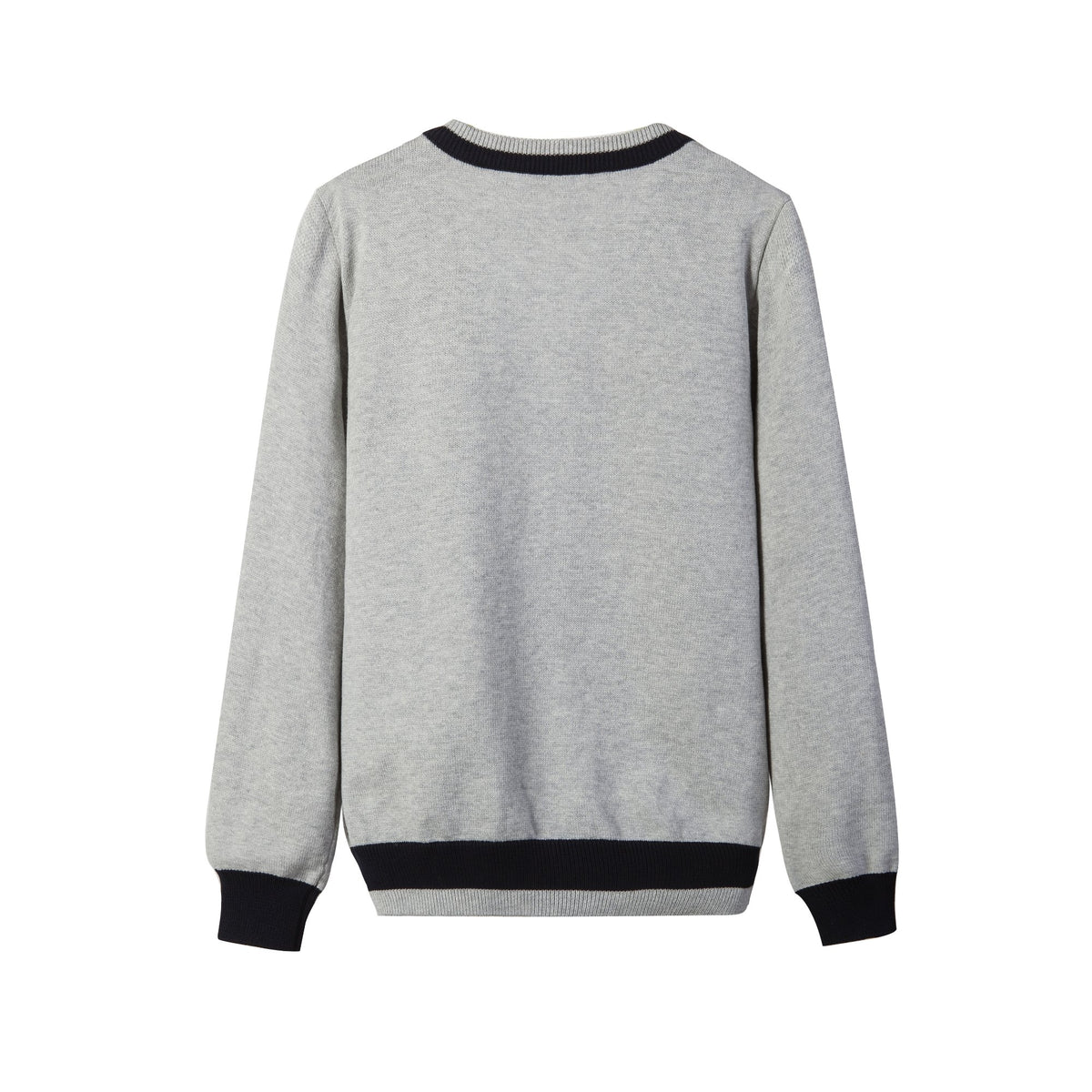 Back view of unisex black V-neck sweater showing the relaxed fit and ribbed bottom hem.