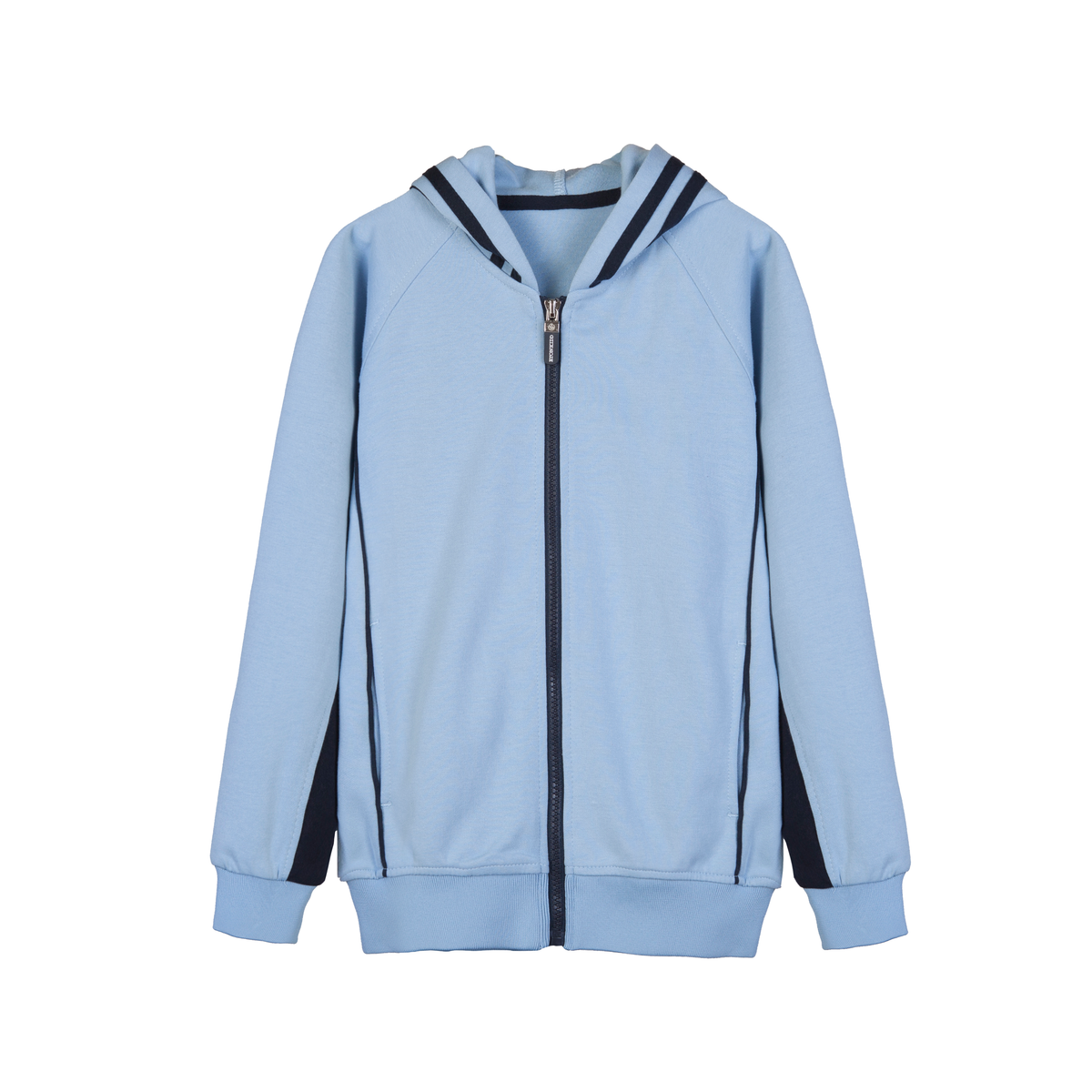 Everanne Unisex Youth Sports Zip-Up Hooded Jacket Windproof Ribbed Hem Light Blue & Navy