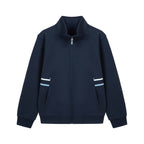 Everanne unisex youth navy sports zip-up jacket featuring a stand collar and ribbed cuffs and hem.