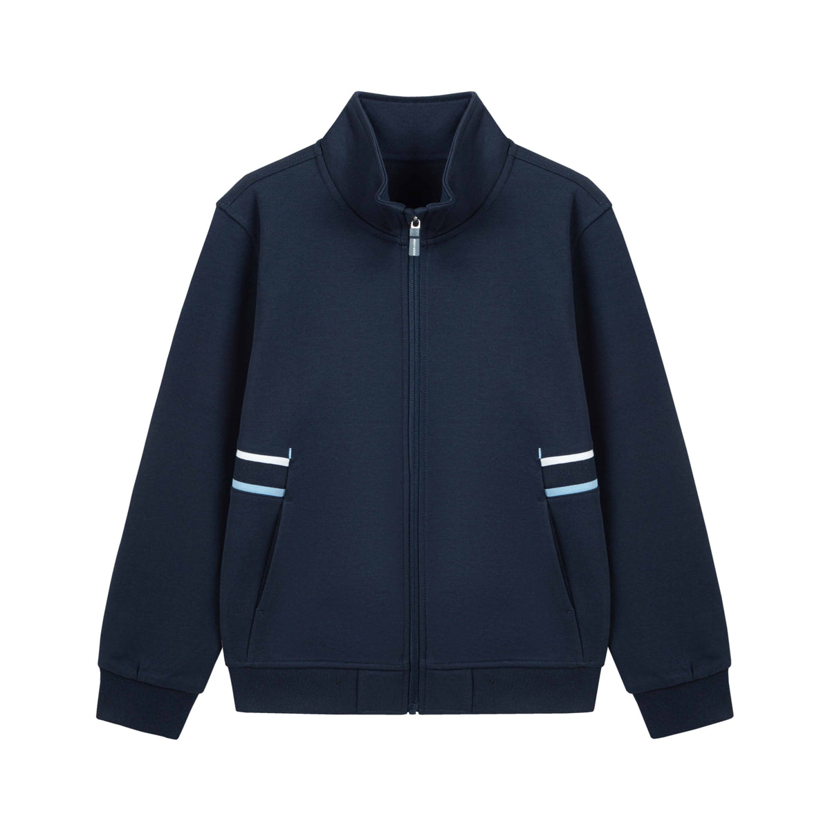 Everanne unisex youth navy sports zip-up jacket featuring a stand collar and ribbed cuffs and hem.