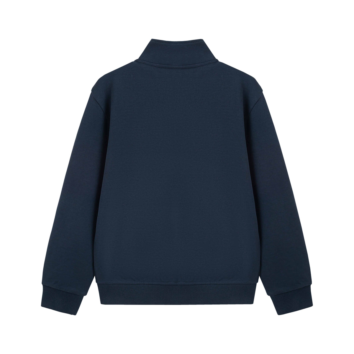 Back view of Everanne youth navy zip-up sports jacket showing the athletic fit and snug ribbing trim.