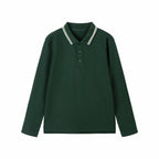Everanne unisex green cotton-blend long sleeve polo shirt featuring a ribbed collar and classic button placket.