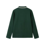 Back view of Everanne unisex green cotton-blend long sleeve polo shirt showcasing the clean fit and double-stitched hem.
