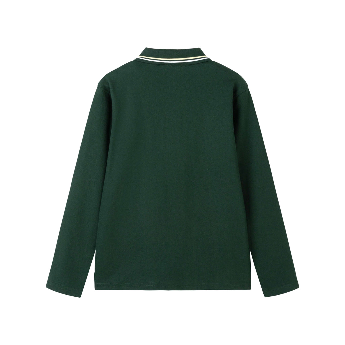 Back view of Everanne unisex green cotton-blend long sleeve polo shirt showcasing the clean fit and double-stitched hem.