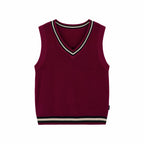 Everanne Red Cotton V-Neck Sweater Vest with Striped Collar School Uniform