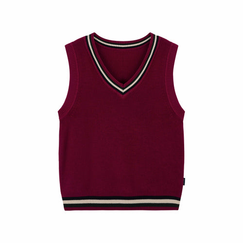 Everanne Red Cotton V-Neck Sweater Vest with Striped Collar School Uniform