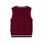 Front View of Everanne Red V-Neck School Uniform Sweater Vest featuring White and Navy Collar Stripes