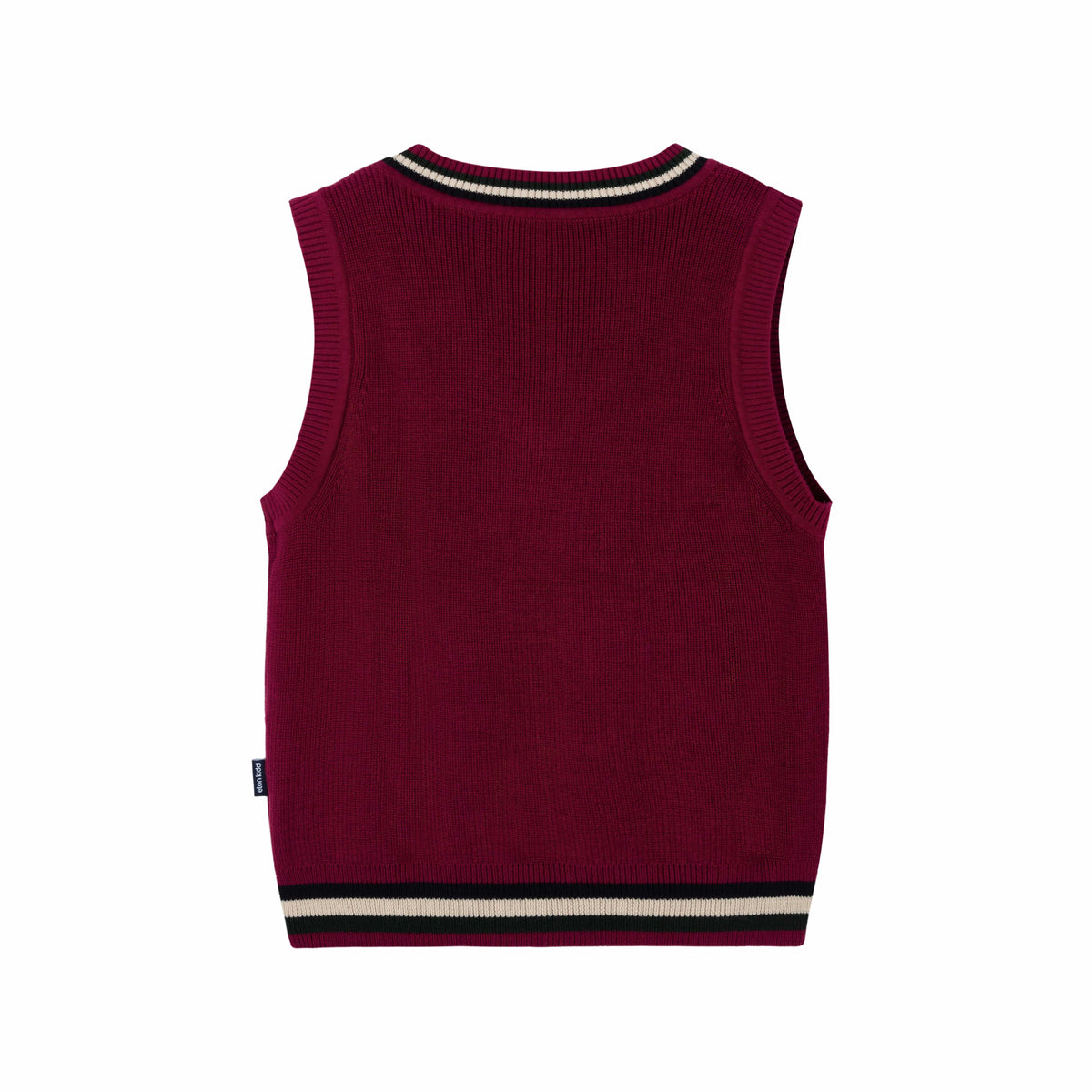 Front View of Everanne Red V-Neck School Uniform Sweater Vest featuring White and Navy Collar Stripes