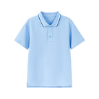 Light blue unisex kids polo shirt by Everanne, short sleeve, cotton blend pique mesh fabric, casual T-shirt for children.