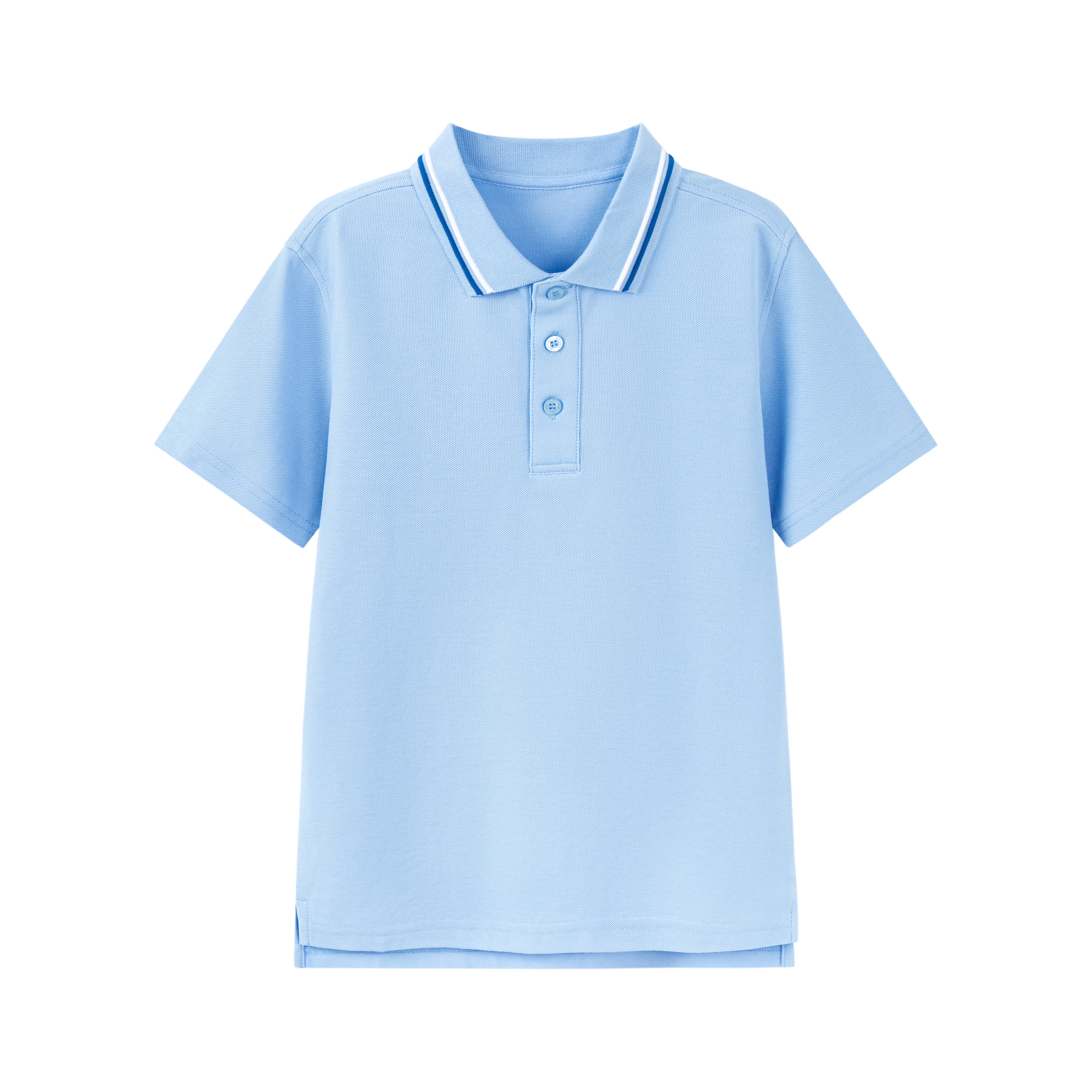 Light blue unisex kids polo shirt by Everanne, short sleeve, cotton blend pique mesh fabric, casual T-shirt for children.
