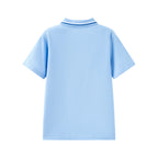 Light blue Everanne kids' unisex polo shirt with short sleeves and cotton blend pique mesh fabric, displayed flat.