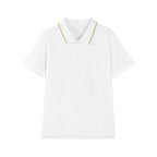 White unisex kids polo shirt by Everanne, short sleeve, cotton blend piqué mesh fabric, shown flat on a plain background.