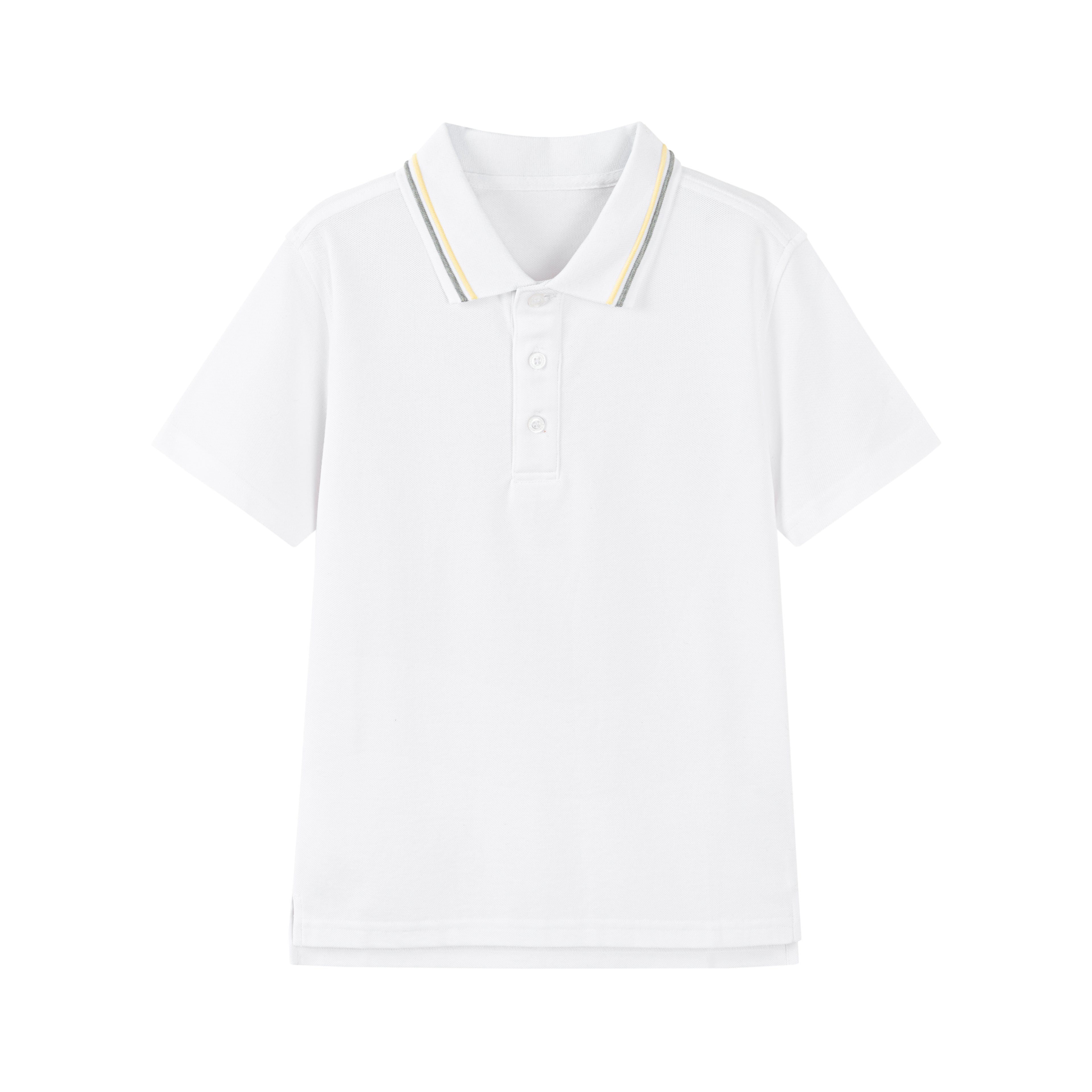 White unisex kids polo shirt by Everanne, short sleeve, cotton blend piqué mesh fabric, shown flat on a plain background.
