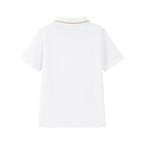 White unisex kids polo shirt by Everanne, short sleeve, cotton blend pique mesh fabric, casual T-shirt for children.