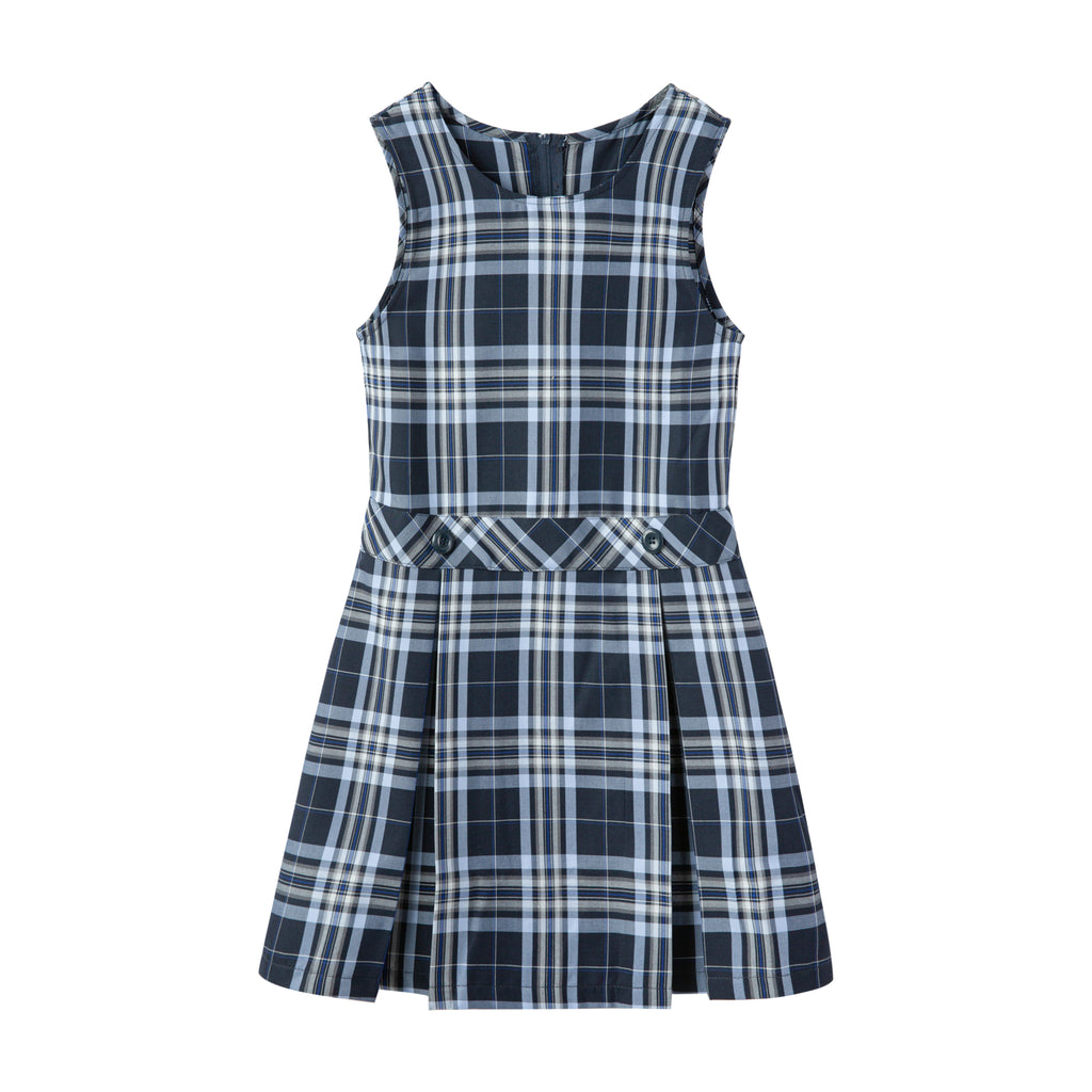 Everanne girls' navy plaid school uniform jumper dress with pleated skirt, featuring classic design and comfortable fit.