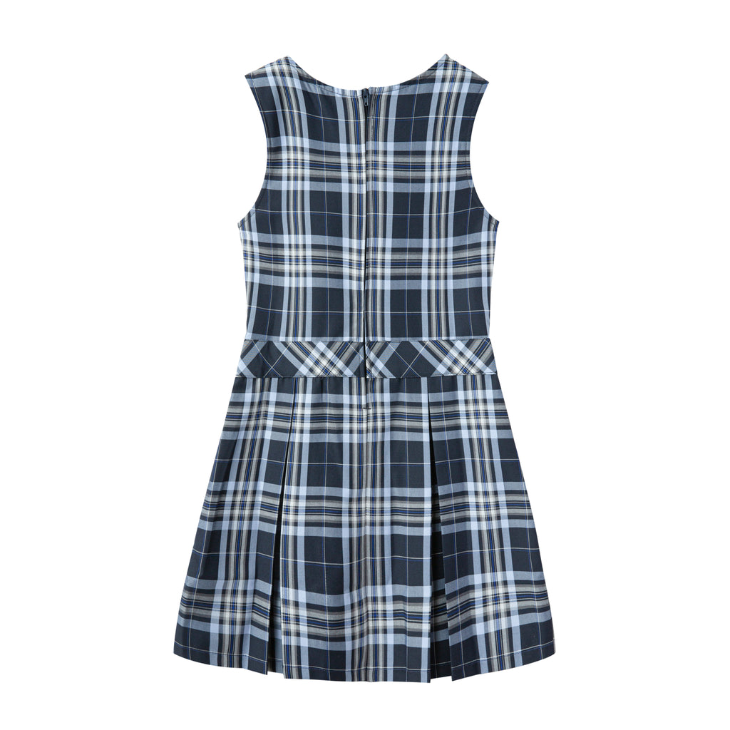 Everanne girls' navy plaid school uniform jumper dress with pleated skirt, suitable for school and casual wear.