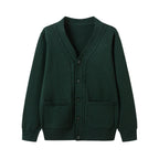 Everanne unisex green cardigan sweater featuring a V-neck knit design, button closure, and windproof ribbed cuffs.