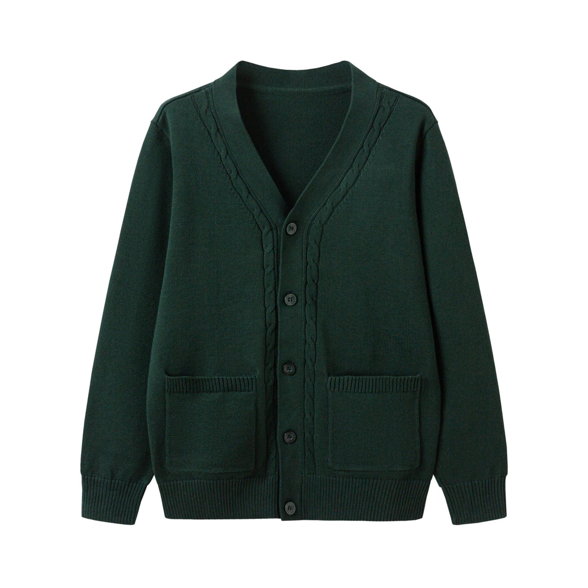 Everanne unisex green cardigan sweater featuring a V-neck knit design, button closure, and windproof ribbed cuffs.