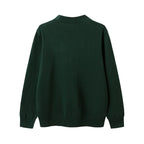 Back view of Everanne unisex green V-neck knit cardigan displaying the clean fit and double-stitched hem.