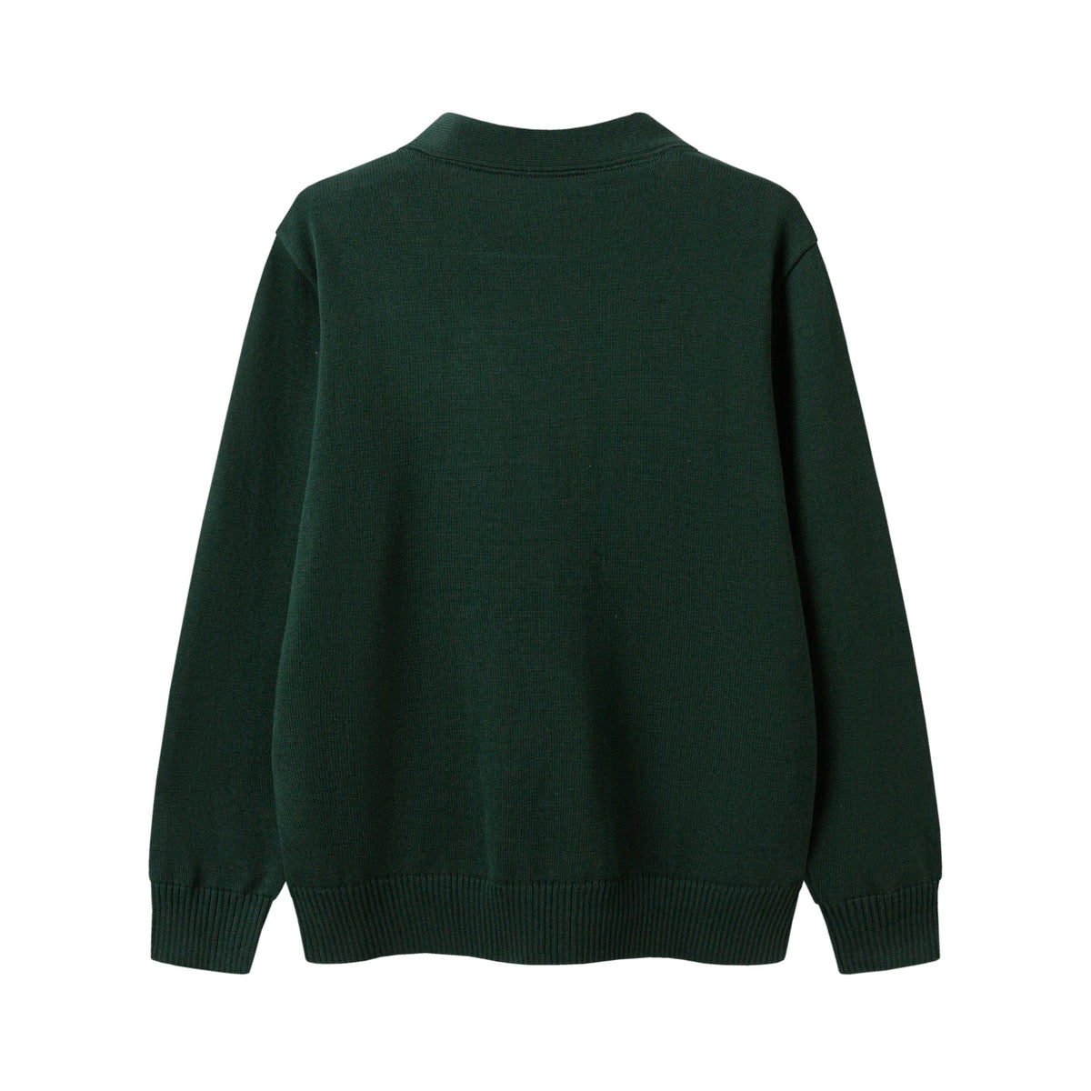 Back view of Everanne unisex green V-neck knit cardigan displaying the clean fit and double-stitched hem.