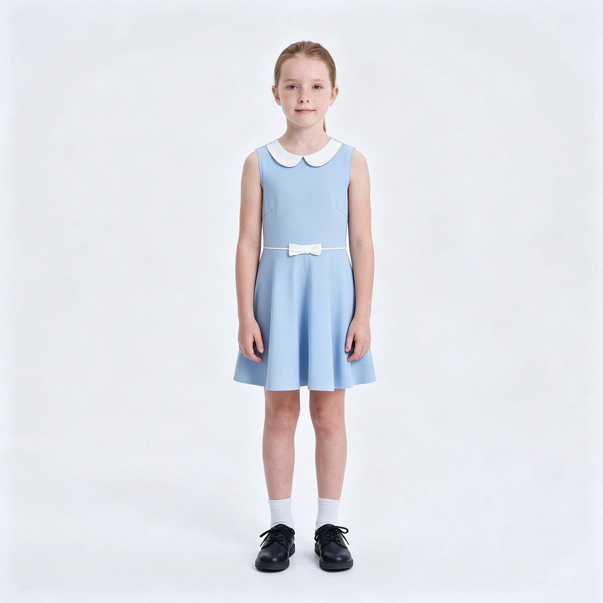 Everanne Girls Piqué Short Sleeve Dress V-Neck Peter Pan Collar Bow