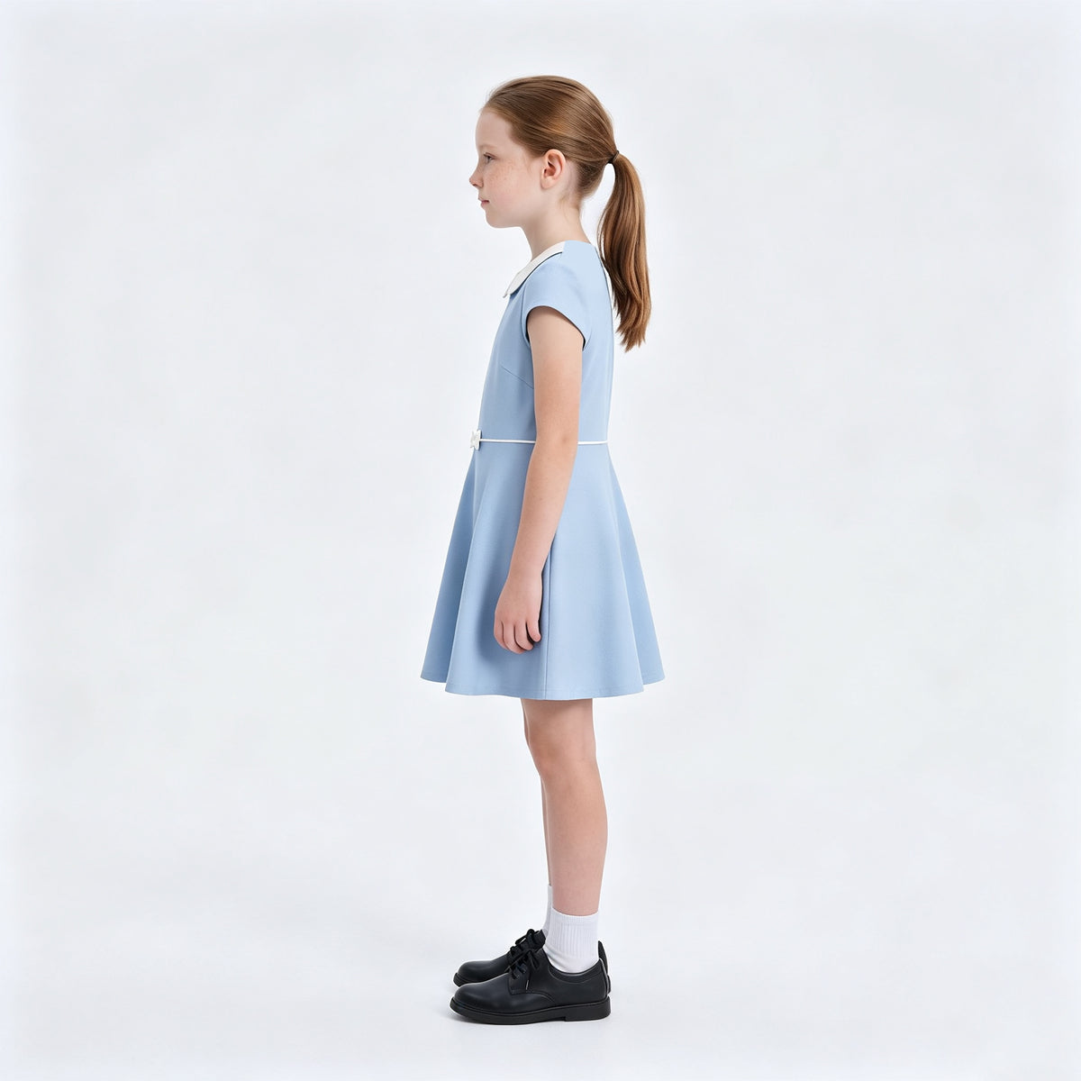 Everanne Girls Piqué Short Sleeve Dress V-Neck Peter Pan Collar Bow