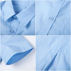 Boy wearing a blue casual short-sleeve button-up summer shirt with front pocket by Everanne, styled for warm weather.
