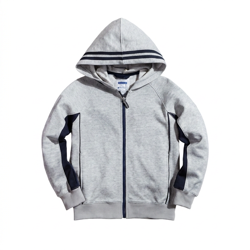 Everanne Unisex Youth Sports Zip-Up Hooded Jacket Windproof Ribbed Hem Gray & Navy