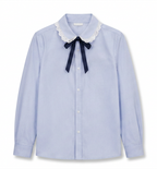 Glacier Blue Lace-Collar Long Sleeve Shirt with Ribbon Tie