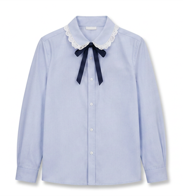 Glacier Blue Lace-Collar Long Sleeve Shirt with Ribbon Tie