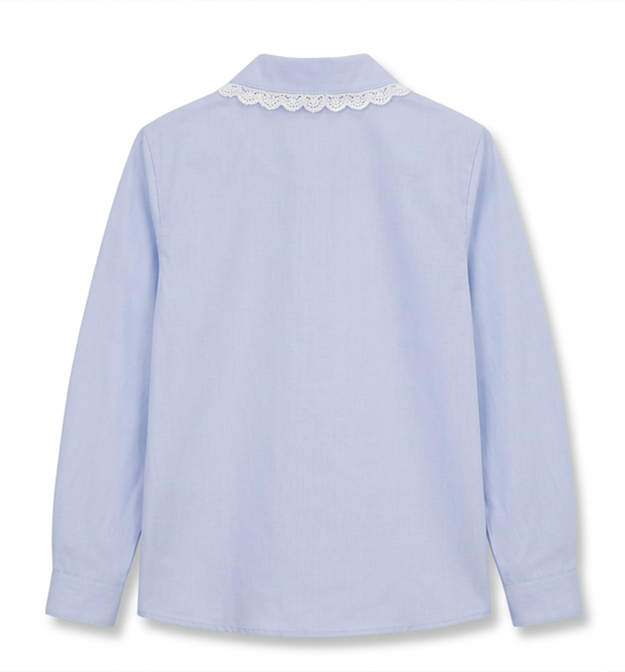 Glacier Blue Lace-Collar Long Sleeve Shirt with Ribbon Tie