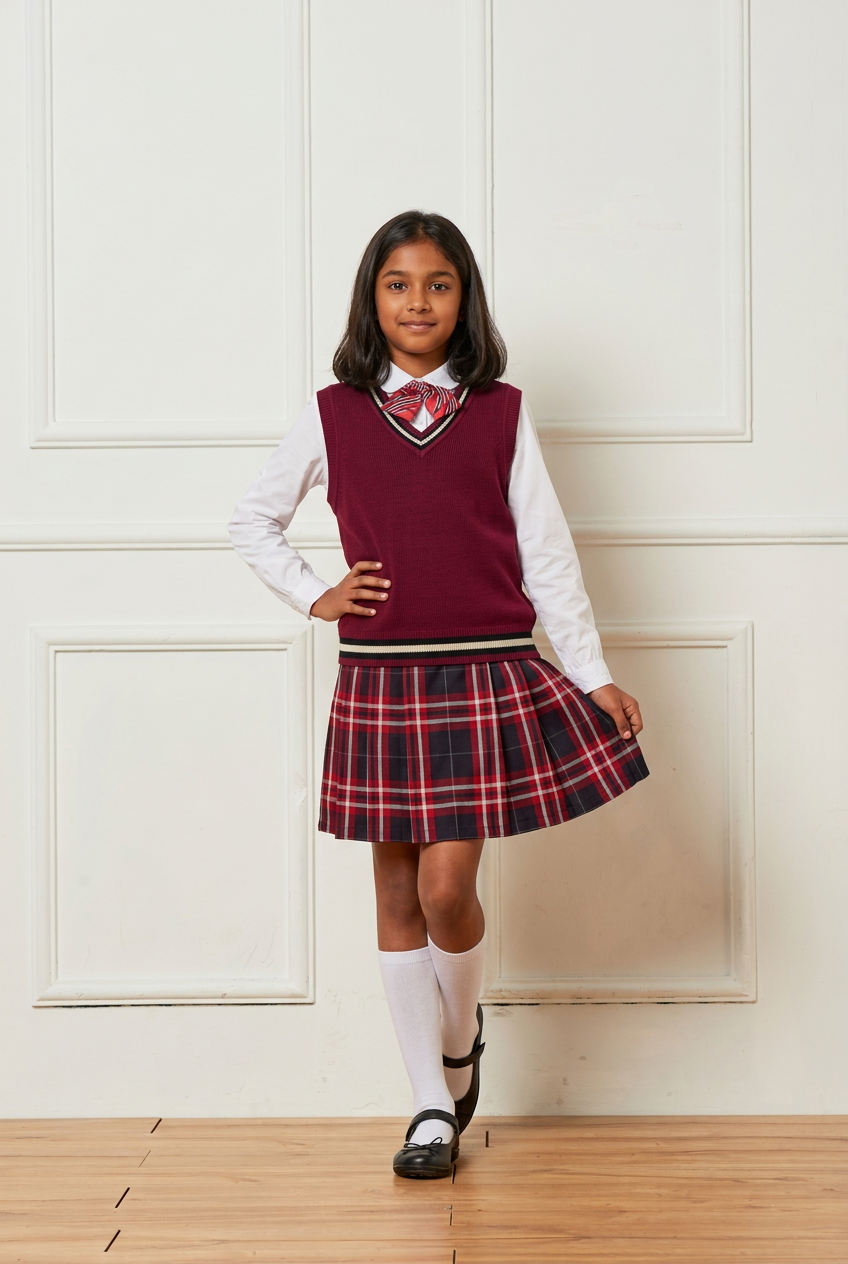 Everanne Girls Red Cotton V-Neck Knit Sweater Vest with Striped Trim for School Uniforms