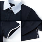 Everanne unisex kids navy short sleeve polo shirt made of cotton blend piqué mesh, featuring a classic collar and button placket.