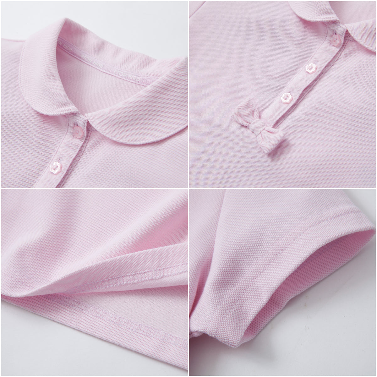 Pink girls' short-sleeve T-shirt with pique mesh fabric, crew neck, and bow detail, by Everanne.